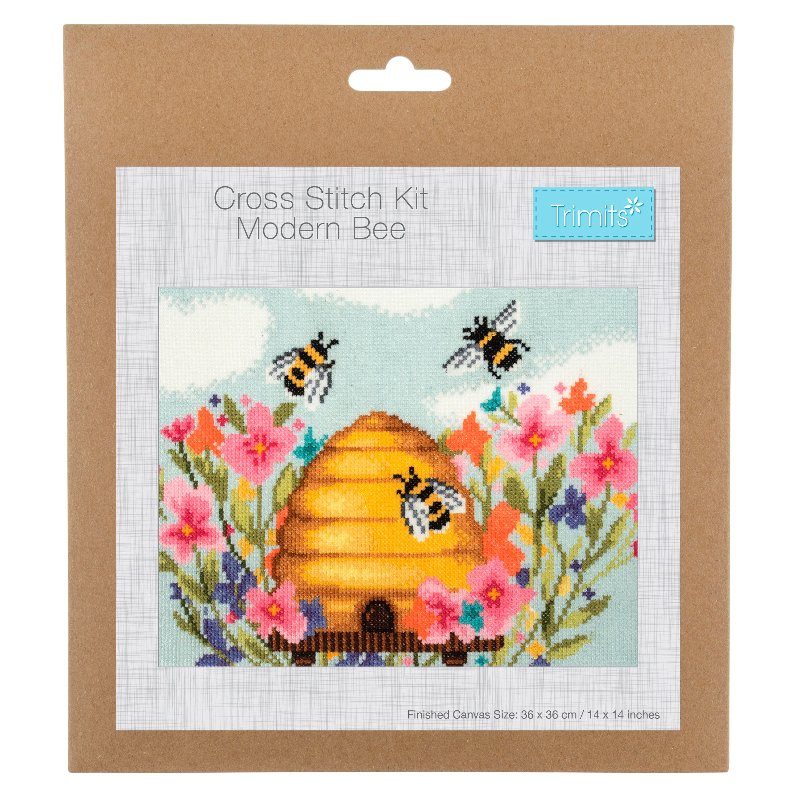 Kit de punto de cruz contado Trimits Ð Grande: Abeja moderna, 36 x 36 cm, incluye tela Aida, hilos preclasificados, aguja, alfabeto personalizable, instrucciones en inglés, francés y alemán