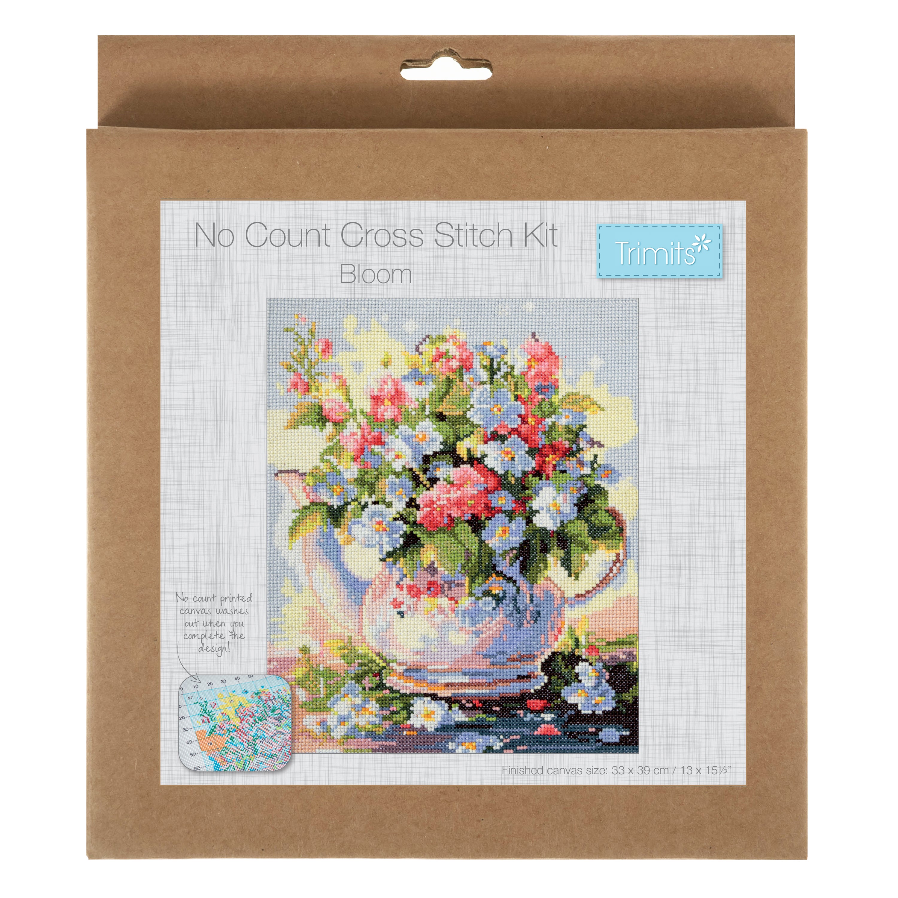 Trimits Printed Cross Stitch Kit Ð Large: Bloom, 11-Count Aida Fabric, Includes Pre-Sorted Threads, Needle, Instructions in EN, FR, DE, ES, IT, NL