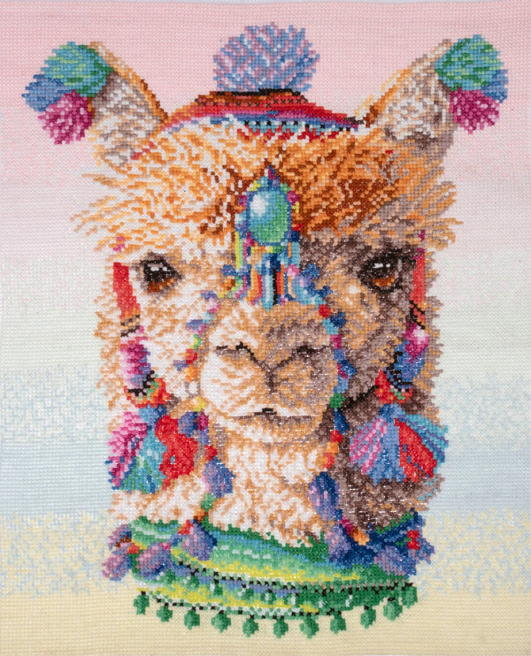 Trimits Printed Cross Stitch Kit Ð Large: Llama, 11-Count Aida Fabric, Includes Pre-Sorted Threads, Needle, Instructions in EN, FR, DE, ES, IT, NL