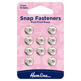 Hemline Snap Fasteners: Sew-on: Nickel: 11mm: Pack of 10 - Snaps