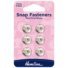 Hemline Snap Fasteners: Sew-on: Nickel: 13mm: Pack of 6 - Snaps