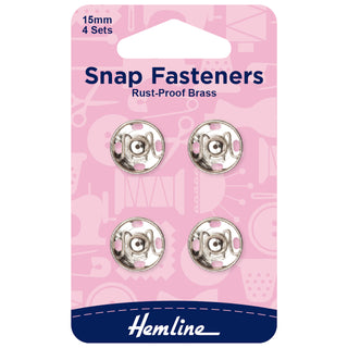 Hemline Snap Fasteners: Sew-on: Nickel: 15mm: Pack of 4
