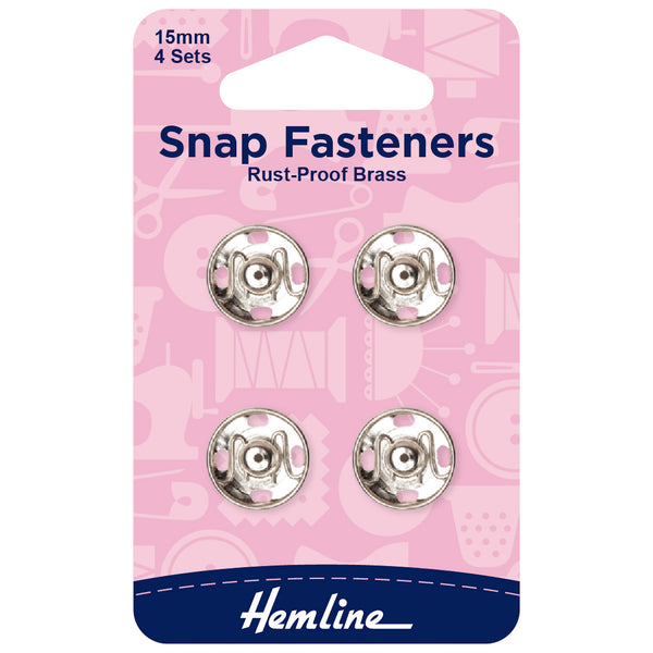 Hemline Snap Fasteners: Sew-on: Nickel: 15mm: Pack of 4