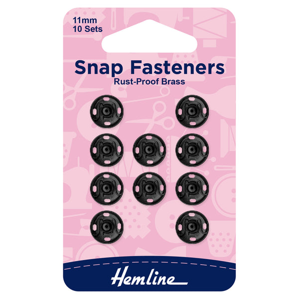 Hemline Snap Fasteners: Sew-on: Black: 11mm: Pack of 10