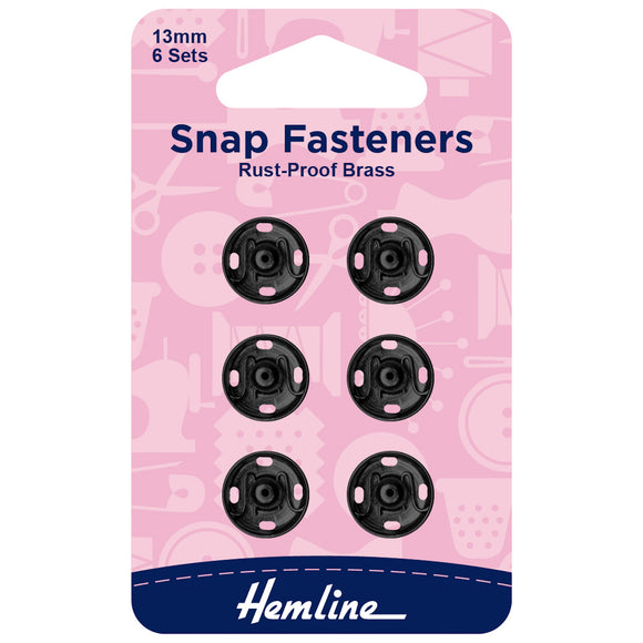 Hemline Snap Fasteners: Sew-on: Black: 13mm: Pack of 6