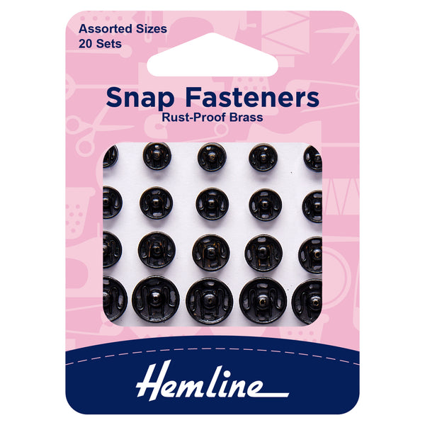Hemline Snap Fasteners: Sew-on: Black: Assorted: Pack of 20