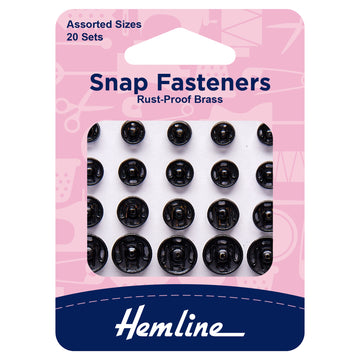 Hemline Snap Fasteners: Sew-on: Black: Assorted: Pack of 20