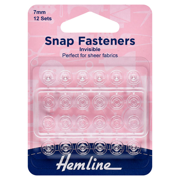 Hemline Snap Fasteners: Sew-on: Clear (Invisible): 7mm: Pack of 12
