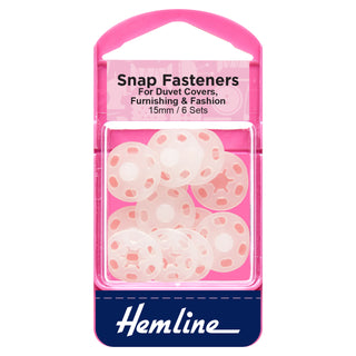 Hemline Snap Fasteners: Sew-on: Clear (Plastic): 15mm: Pack of 6