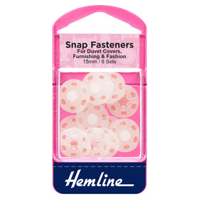 Hemline Snap Fasteners: Sew-on: Clear (Plastic): 15mm: Pack of 6 - Snaps