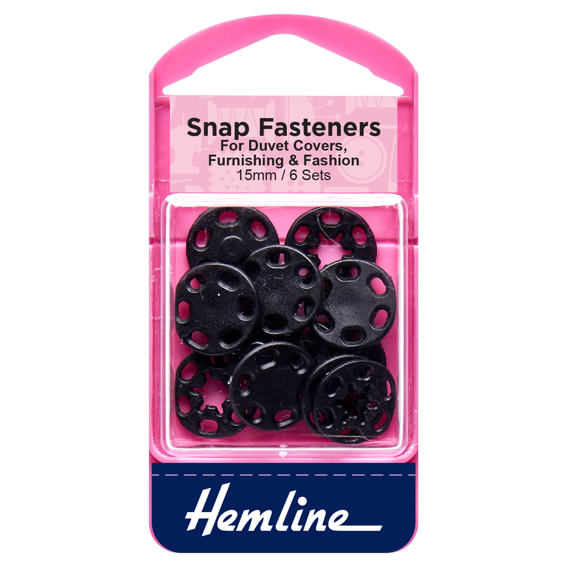 Hemline Snap Fasteners: Sew-on: Black (Plastic): 15mm: Pack of 6