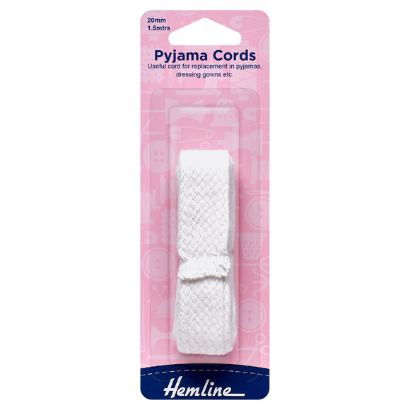 Cordón de pijama de poliéster con dobladillo: 1,5 mx 20 mm: blanco