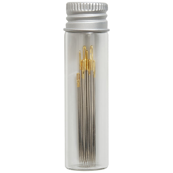 Hemline Gold Eye Embroidery Needles – Assorted Sizes in Reusable Glass Jar