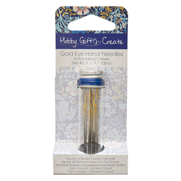 Hemline Gold Eye Embroidery Needles – Assorted Sizes in Reusable Glass Jar