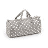 Hobbygeschenk: Stricktasche: Grauer Leinenstoff mit Tupfen: Artikelgröße: (T/B/H) 16 x 43 x 19 cm.