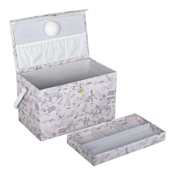 Hobby Gift: Sewing Box (M): Fold-Over Lid: Woodland Toile: Item size: (d/w/h) 16.5 x 29 x 18cm.