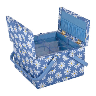 Hobby Gift: Sewing Box (L): Twin Lid: Square: Denim Daisies: Item size: (d/w/h) 25 x 25 x 17cm.