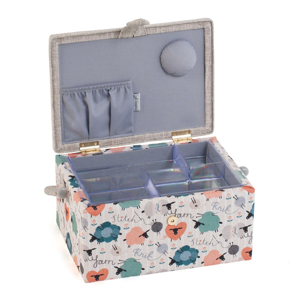 Hobby Gift: Sewing Box (M): Embroidered: Knit Happens: Item size: (d/w/h) 18.5 x 25.5 x 14.5cm.