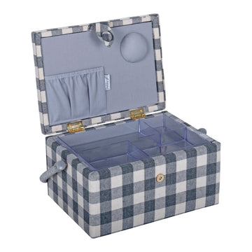Hobby Gift: Sewing Box (M): Embroidered: Grey Gingham Bees: Item size: (d/w/h) 18.5 x 25.5 x 14.5cm. - 0