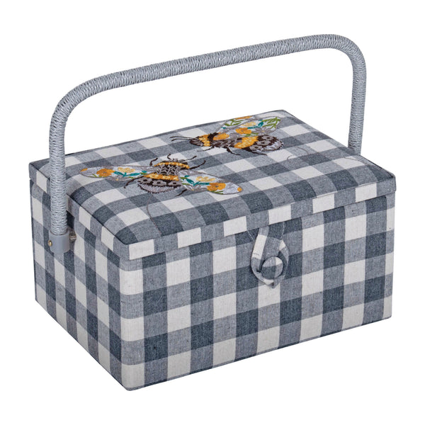 Hobby Gift: Sewing Box (M): Embroidered: Grey Gingham Bees: Item size: (d/w/h) 18.5 x 25.5 x 14.5cm.