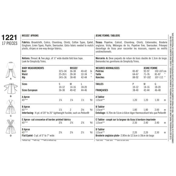 Patrón de costura Simplicity 1221 Delantales vintage para señoras