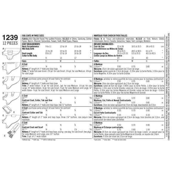 Simplicity Sewing Pattern 1239 Dog Coats in Three Sizes