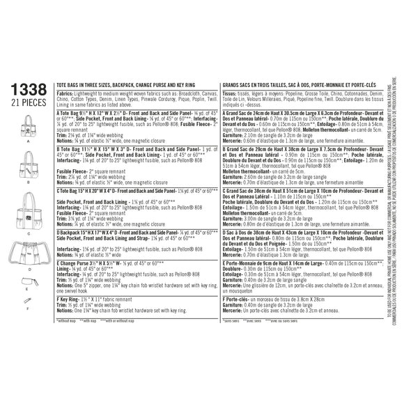 Simplicity Sewing Pattern 1338 Tote Bags in Three Sizes, Backpack and Coin Purse