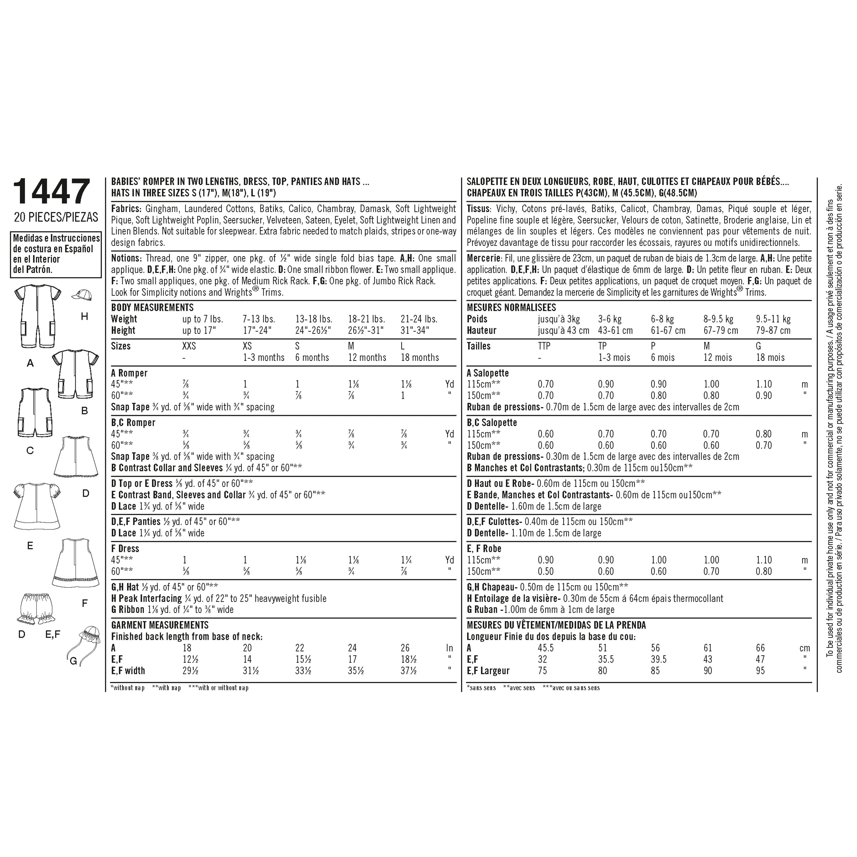 Patrón de costura Simplicity 1447: mameluco, vestido, top, braguitas y gorros para bebés