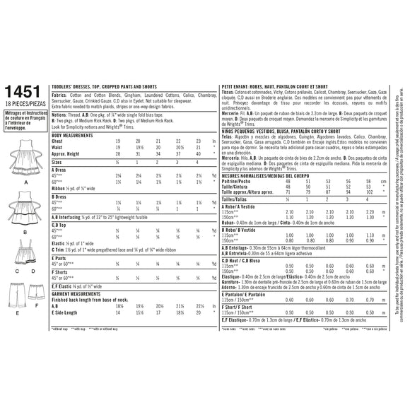 Patrón de costura Simplicity 1451: vestidos, blusas, pantalones cortos y shorts para niñas pequeñas