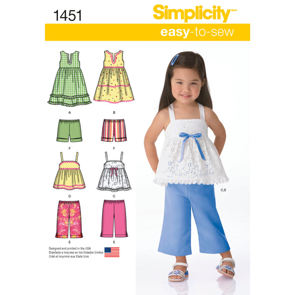 Patrón de costura Simplicity 1451: vestidos, blusas, pantalones cortos y shorts para niñas pequeñas