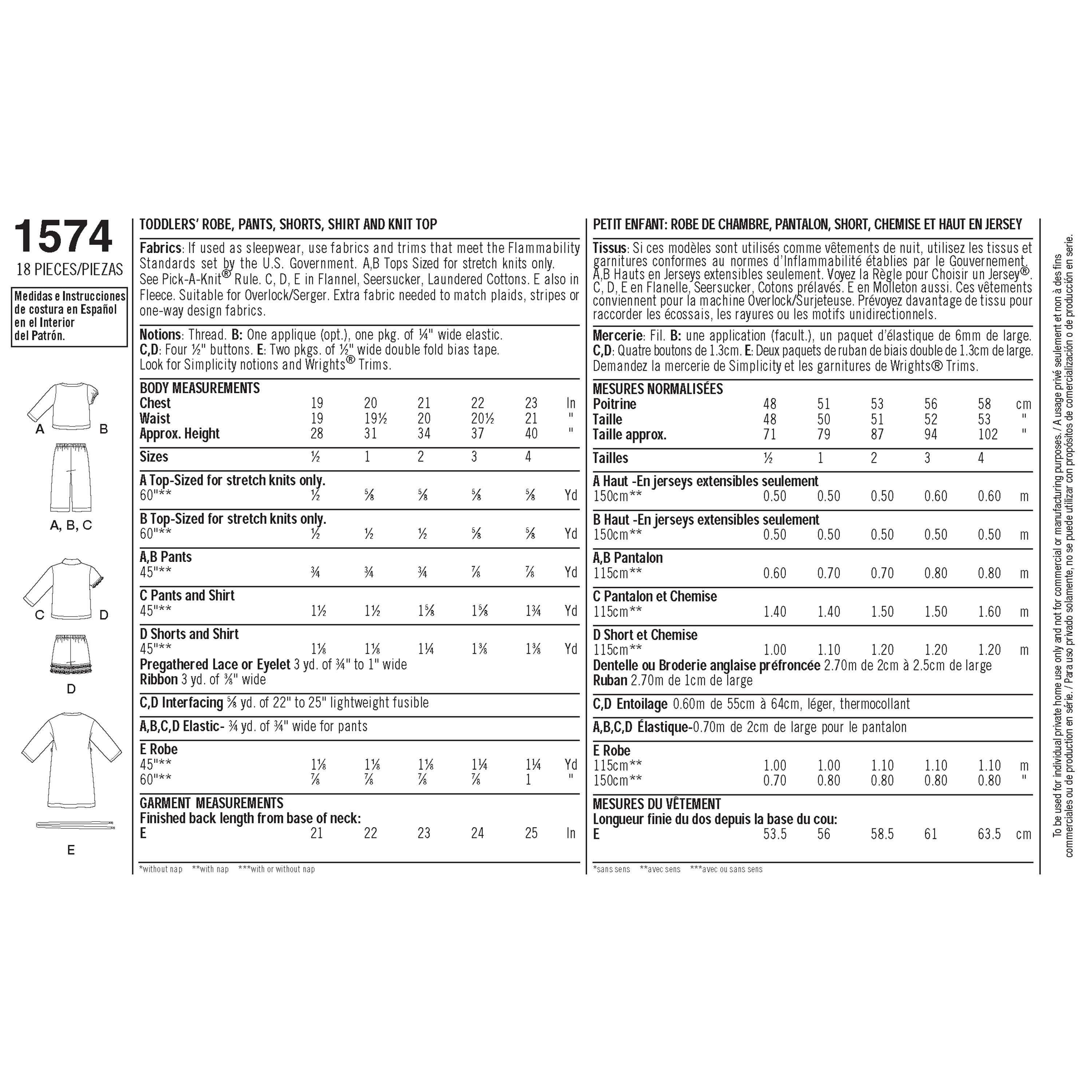 Simplicity Sewing Pattern 1574 Toddlers’ Loungewear
