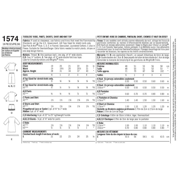 Patrón de costura Simplicity 1574 Ropa de estar por casa para niños pequeños