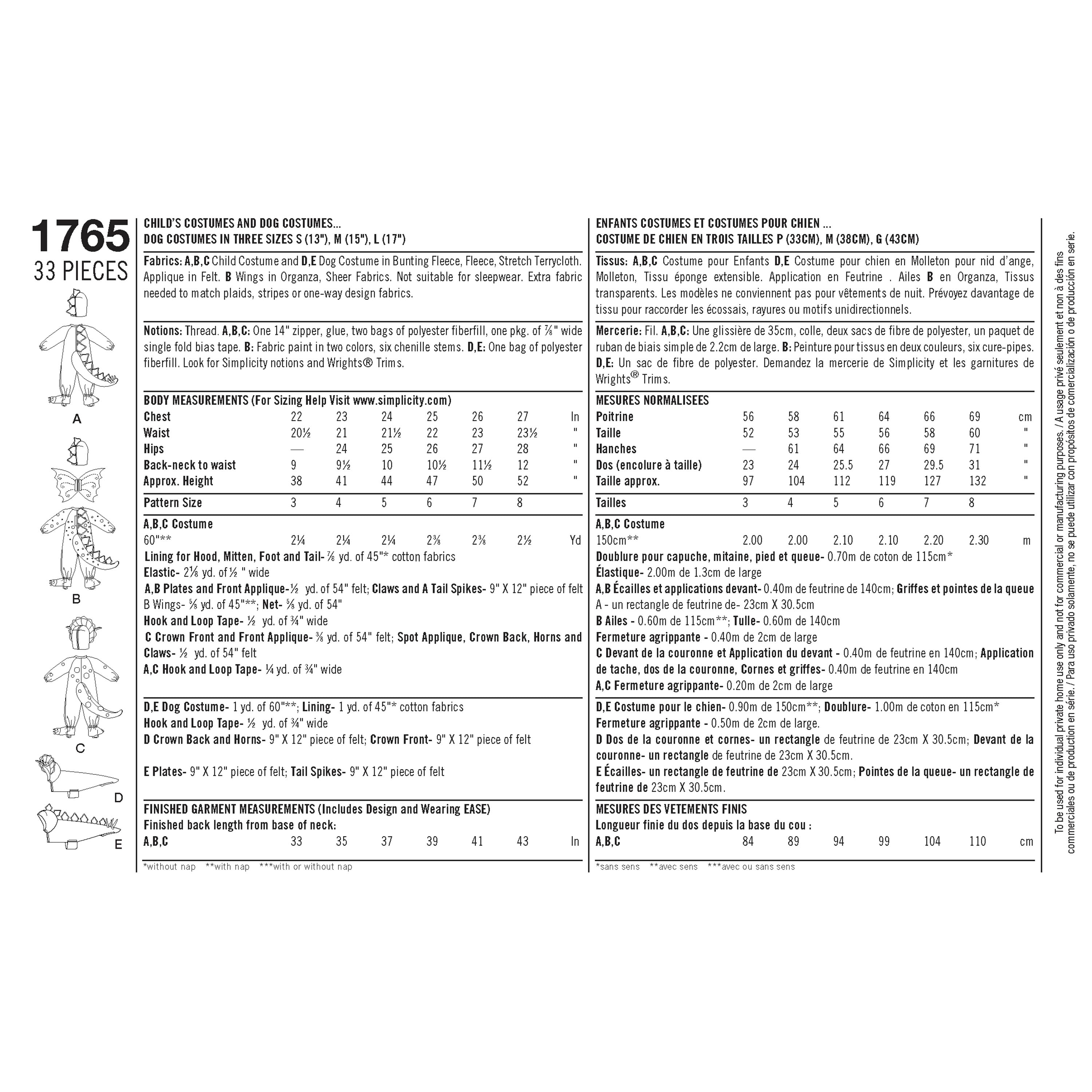 Patrón de costura Simplicity 1765 Disfraces para niños y perros