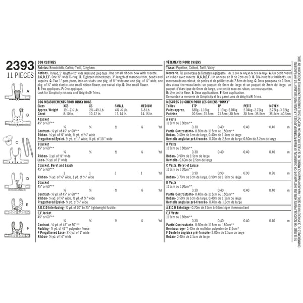 Simplicity Sewing Pattern 2393 Dog Clothes
