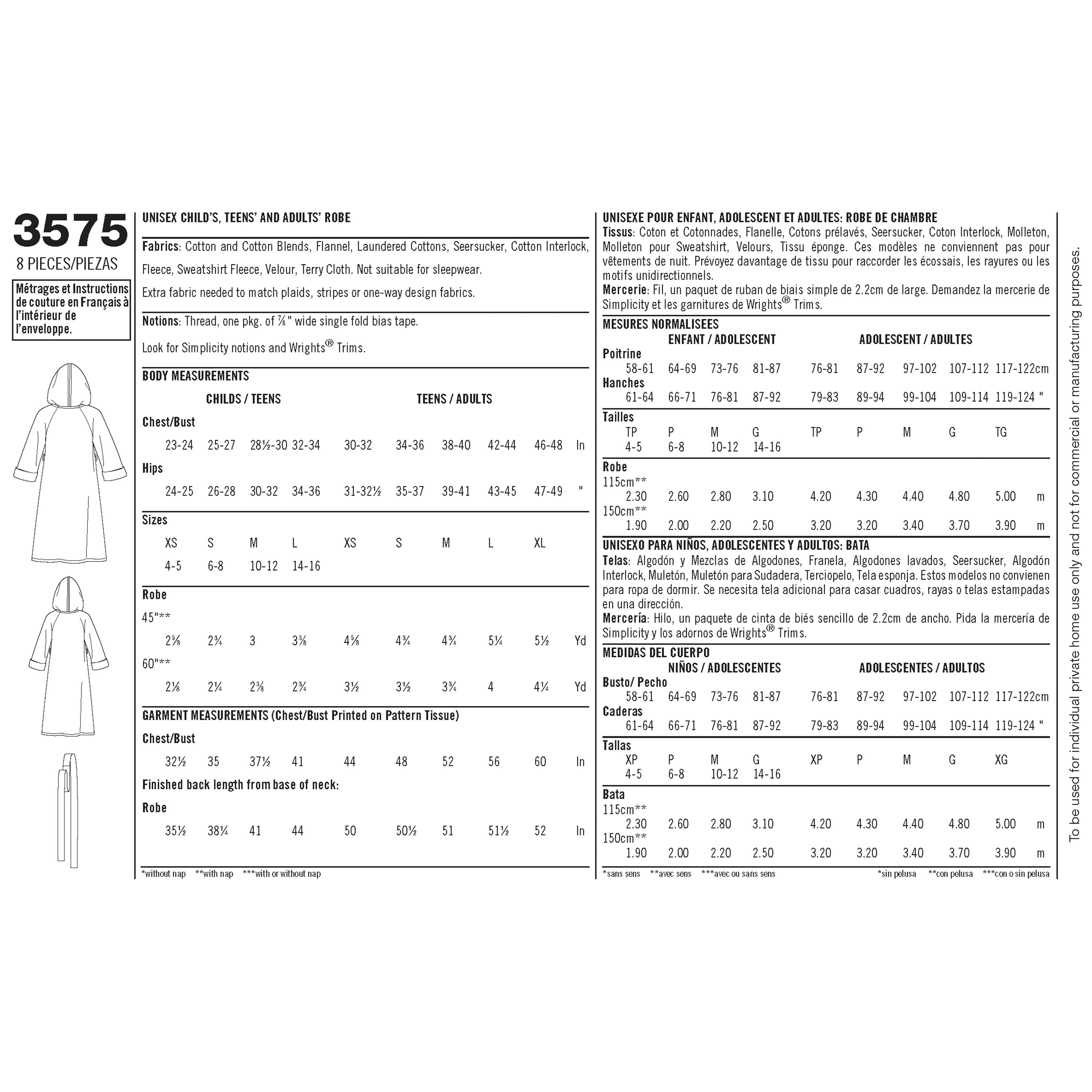 Patrón de costura Simplicity 3575 Bata unisex para niños, adolescentes y adultos