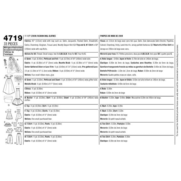 Simplicity Sewing Pattern 4719 Doll Clothes