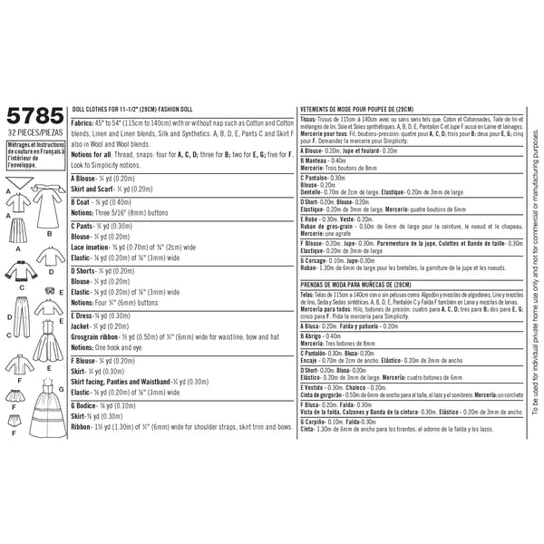 Simplicity Sewing Pattern 5785 Doll Clothes