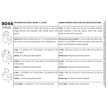 Simplicity Sewing Pattern 8044 Two-Pattern Piece Stuffed Animals - 0