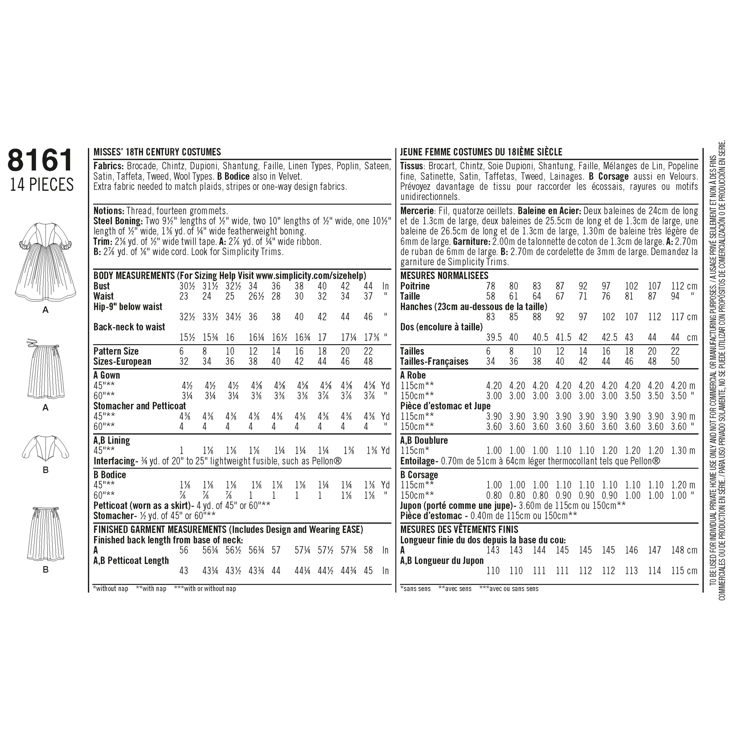 Simplicity Pattern 8161 Misses' 18th Century Costumes