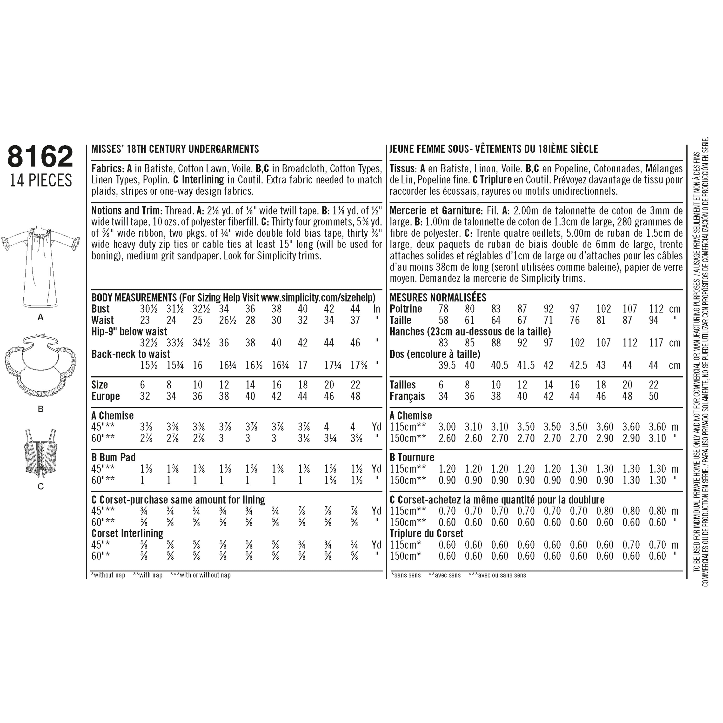 Simplicity Pattern 8162 Misses' 18th Century Undergarments - 0