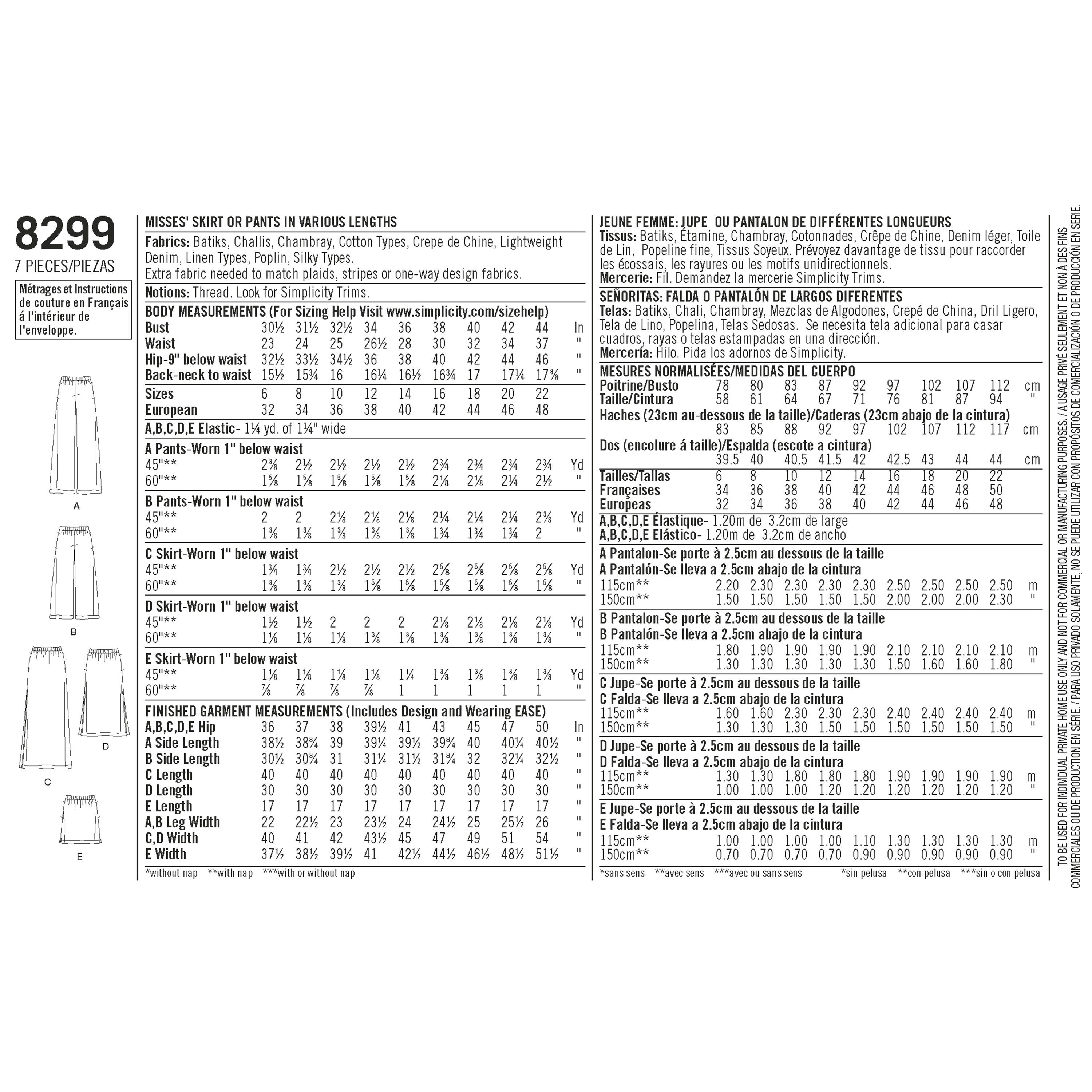 Simplicity Pattern 8299 Misses' Skirts or trousers in various lengths