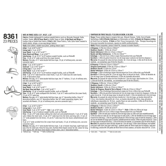 Patrón Simplicity 8361: sombreros en tres tamaños: S (21"), M (22"), L (23")