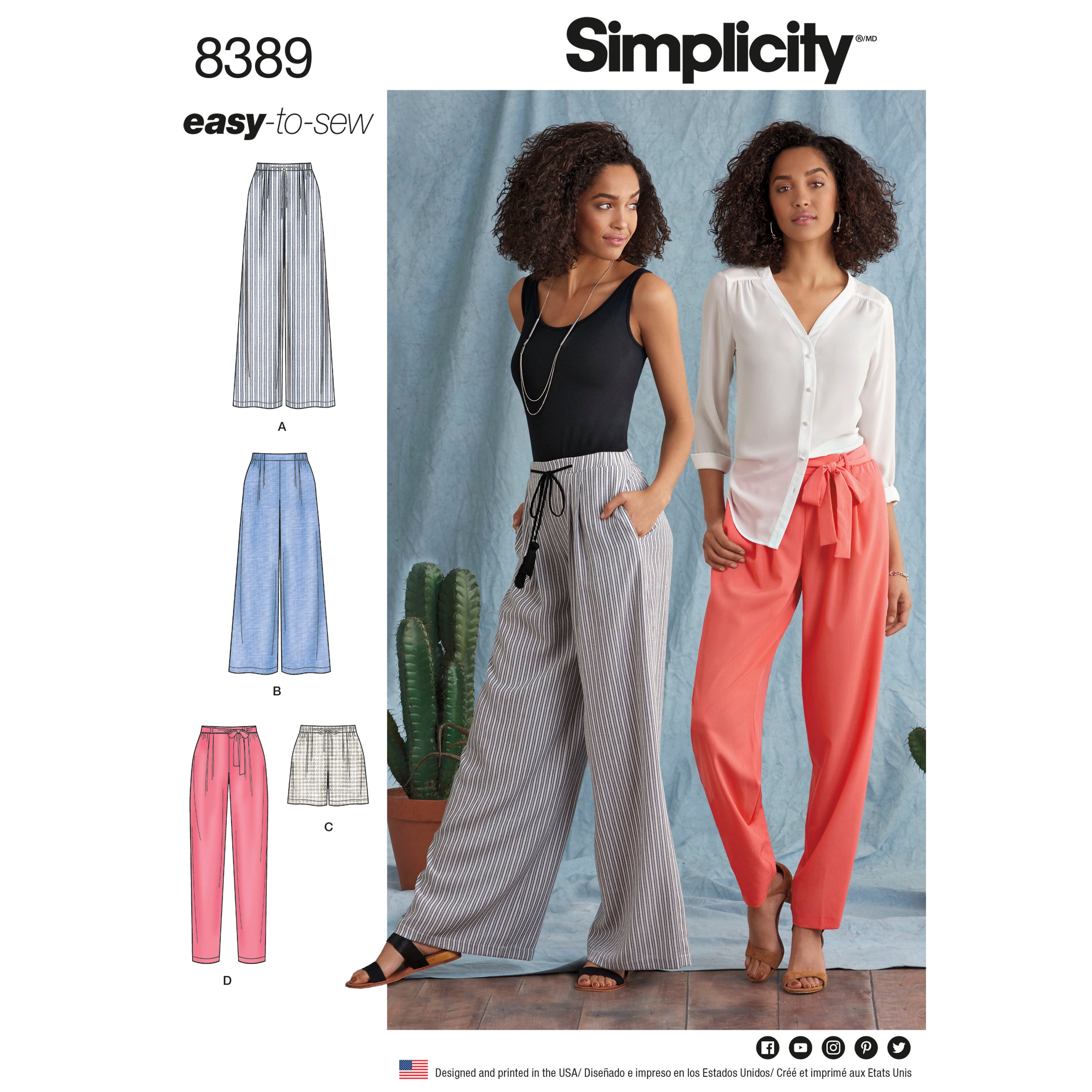 Patrón Simplicity 8389 Pantalón para señoras con variaciones de largo y ancho y cinturón para atar