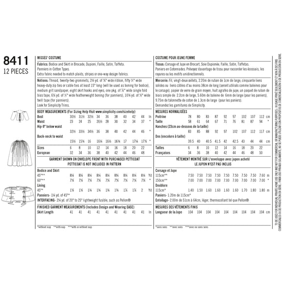 Patrón Simplicity 8411 Traje de señora del siglo XVIII