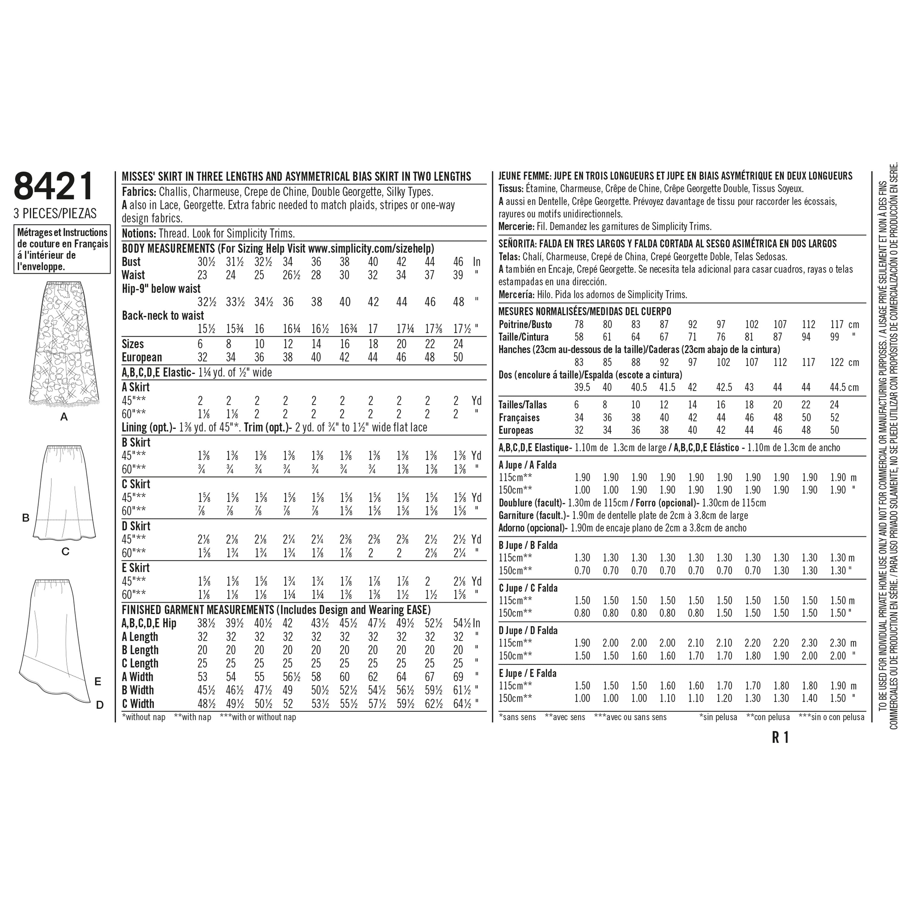 Patrón de costura Simplicity 8421 Faldas para señoras en tres largos con variaciones de dobladillo