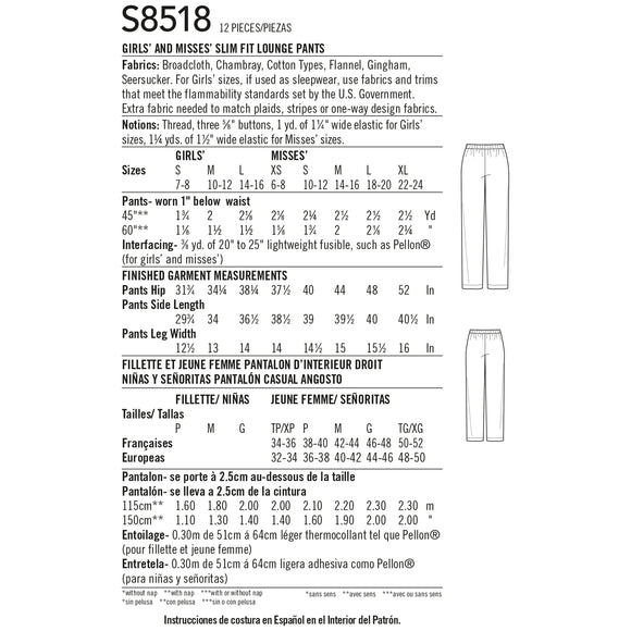 Patrón Simplicity 8518 Pantalón de salón de corte ajustado para niñas y señoritas