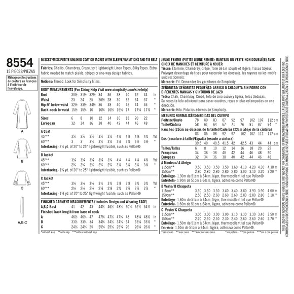 Simplicity Pattern 8554 Miss and Petite Coats and Jackets