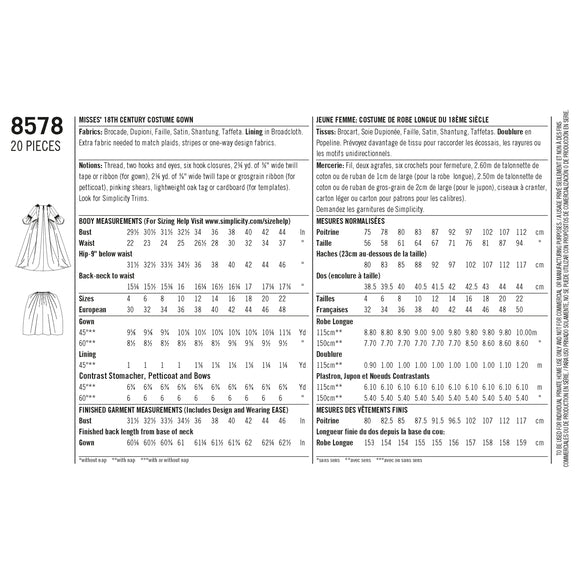 Patrón Simplicity 8578 Vestido de señora del siglo XVIII