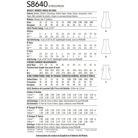 Simplicity Sewing Pattern S8640 Misses'/Women's Dress or Tunic
