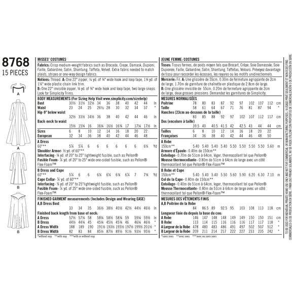 Patrón de costura Simplicity 8768 Disfraces de fantasía para mujer